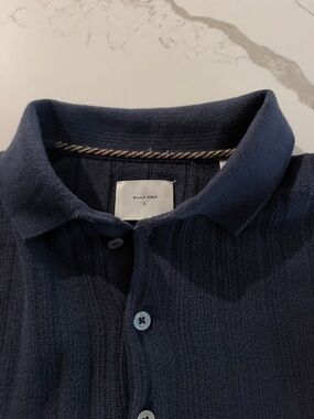 Billy Reid Dark Navy Ribbed Long Sleeve Knit Polo